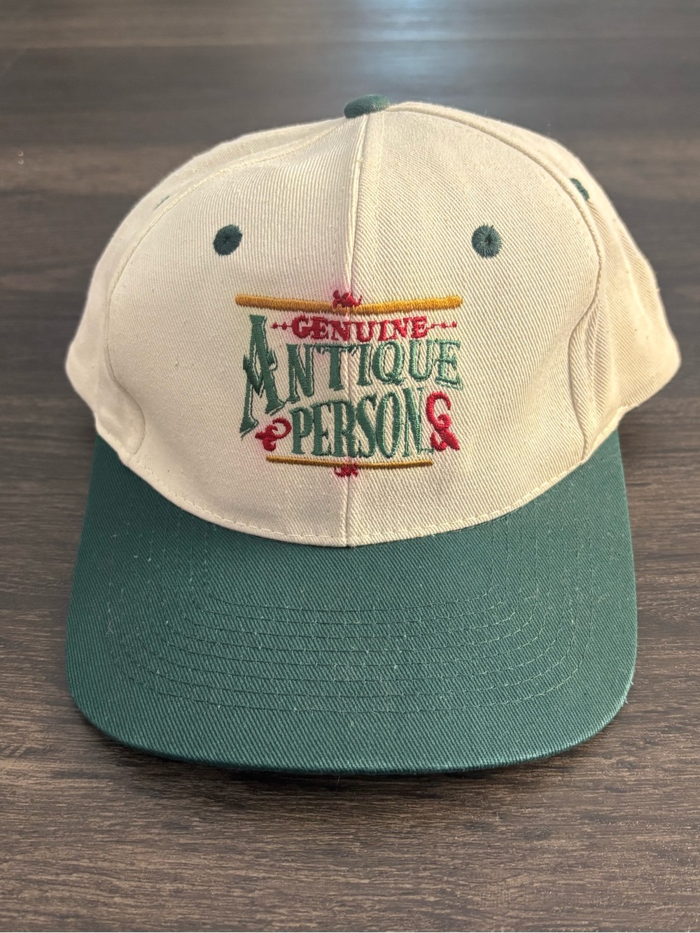 Vintage Genuine Antique Person Hat Cap Snap Back Green Cream Novelty Mens 90s